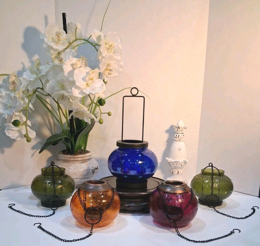 VTG Crackle Glass Hanging Lantern Set 5 pcs; Green, Orange, Merlot, Blue, Colors